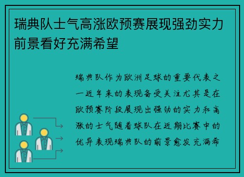 瑞典队士气高涨欧预赛展现强劲实力前景看好充满希望